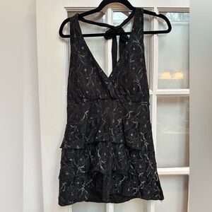 Vintage Deb Y2K Black & Silver Halter Top Blouse Whimsigoth Lace Chic Size XS S